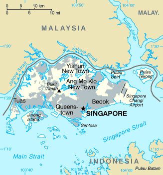 Map of Singapore and outline of Singapore and its surrounding islands and waterways.